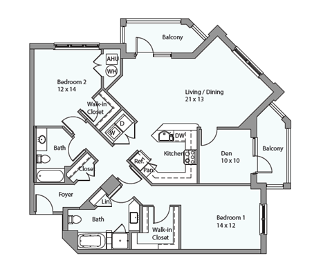 Floor plan for 2 beds, 2.5 baths, 1330 sqft